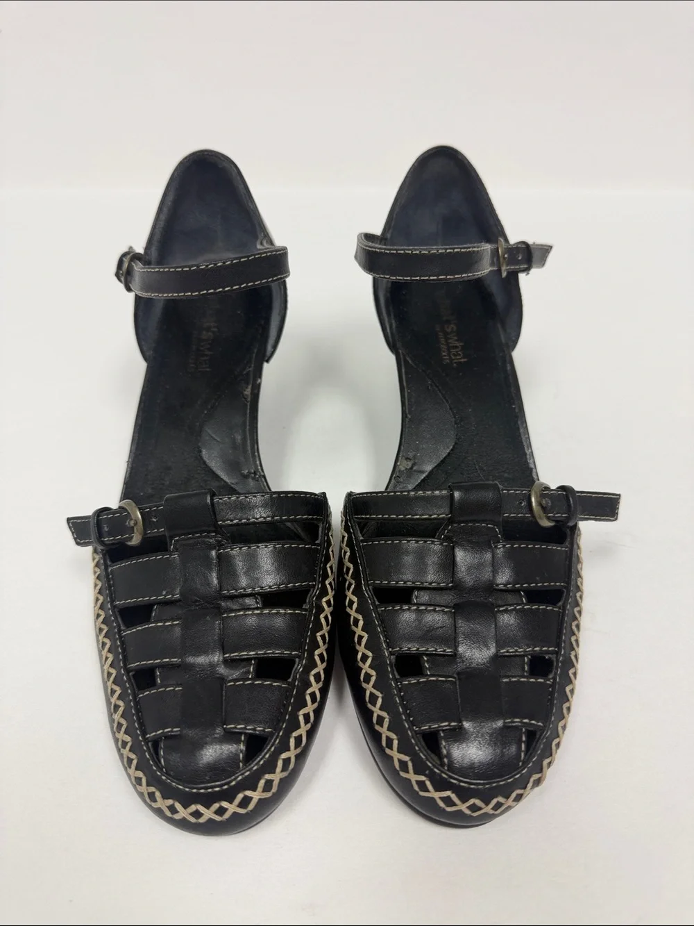 What’s What by Aerosoles - Black Leather Woven Mary Jane Flats with Ankle Strap